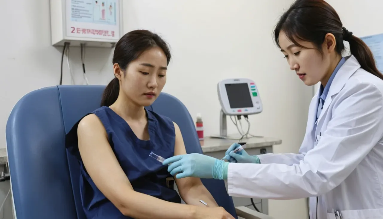 의료진의 도움을 받아 혈액 검사를 진행하는 장면