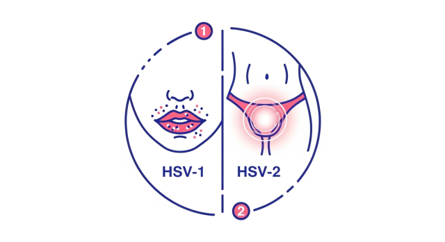 헤르페스 1형은 입 주변, 2형은 생식기 주변을 잘 침범하는 차이를 보여주는 아이콘
