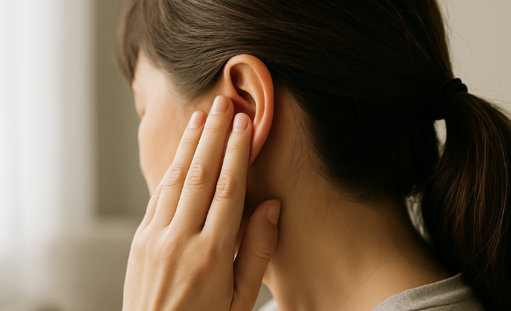 귀를 손으로 누르고 있는 여성의 옆모습 사진