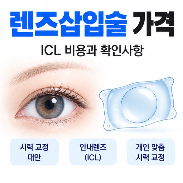 눈과 안내렌즈 아이콘을 중심으로 렌즈삽입술 가격 문구를 보여주는 대표 카드뉴스 이미지