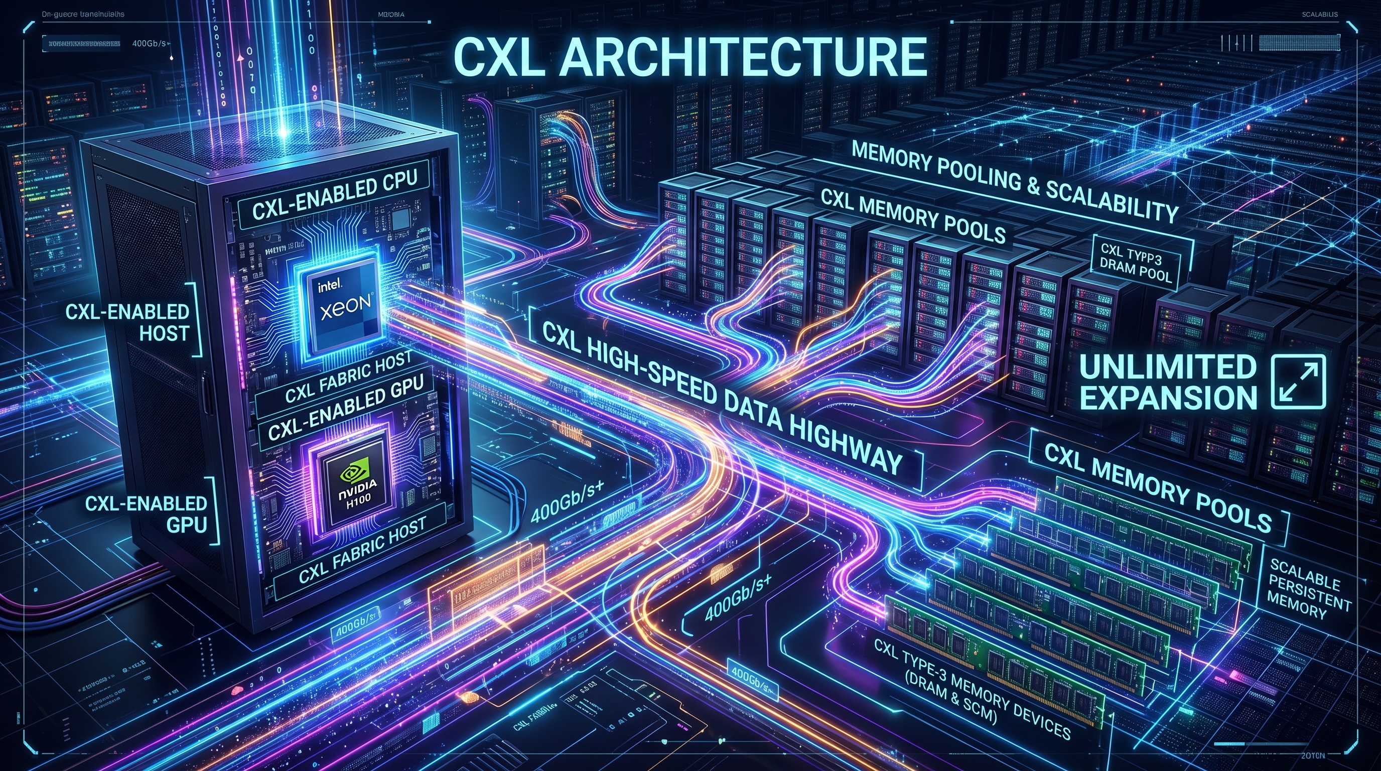 기존 방식 vs CXL 방식의 메모리 확장 비교