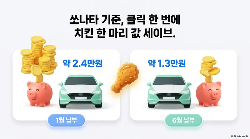 자동차세 연납: 쏘나타 기준 클릭 한 번에 치킨 한 마리 값 세이브라는 문구가 포함된 자동차세 연납 절감액 비교 이미지. 1월 납부 시 약 2.4만 원 6월 납부 시 약 1.3만 원 절감을 돼지저금통과 자동차 일러스트로 비교하여 자동차세 연납의 실질 절감액을 시각적으로 전달한다 