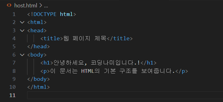 html의 기본구조를 보여준다 DOCTYPE html html head title body h1 p