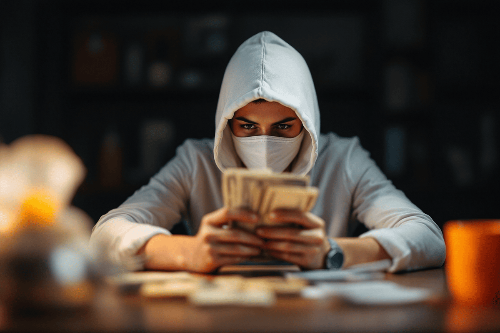 마스크와-모자를-쓴-남성이-돈을-보고-있음