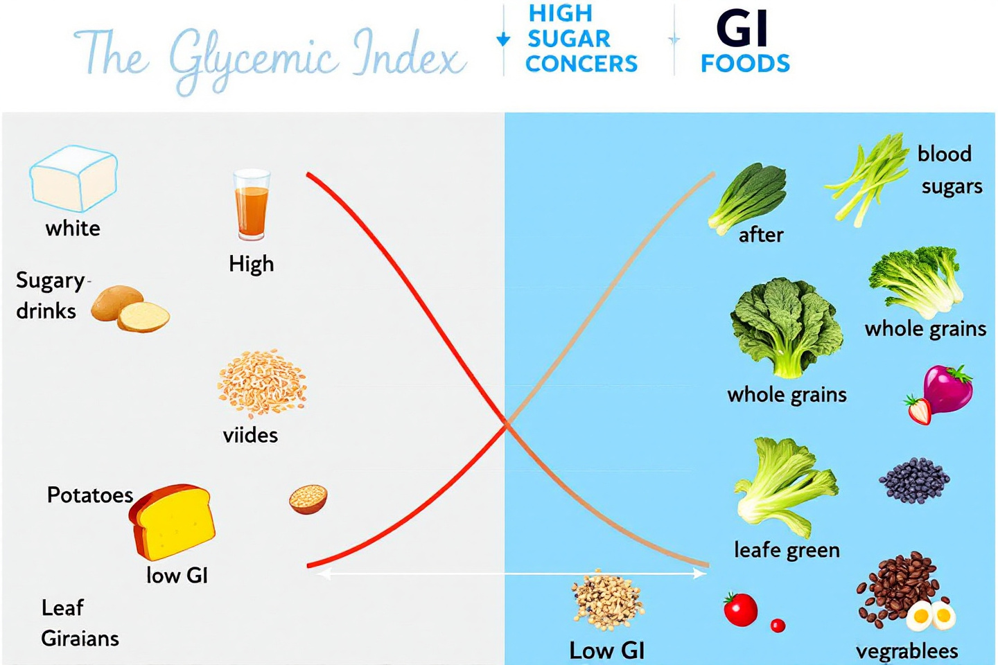 "GI 지수의 개념을 설명한 다이어그램: 고GI vs 저GI 식품 비교, 혈당 곡선 포함"