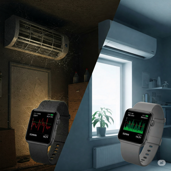 에어컨 청소 전과 후의 HRV(SDNN, RMSSD) 데이터 변화를 보여주는 그래프 또는 스마트워치 화면 비교 - 스트레스 회복