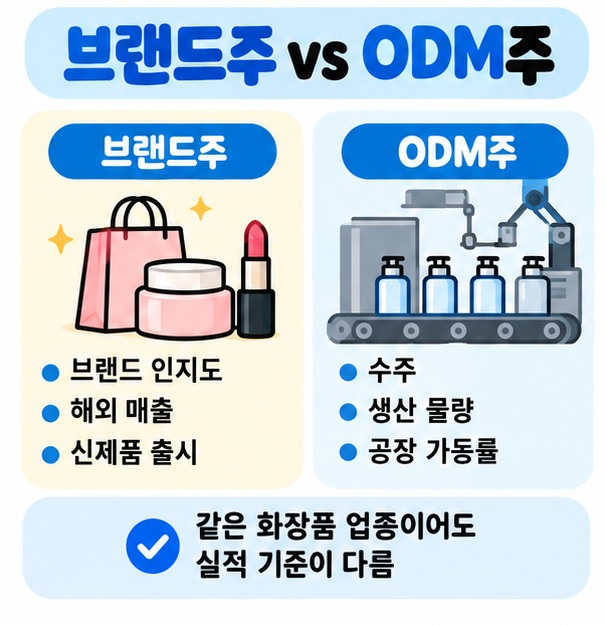 화장품 브랜드주와 ODM주의 실적 구조 차이를 비교한 카드뉴스