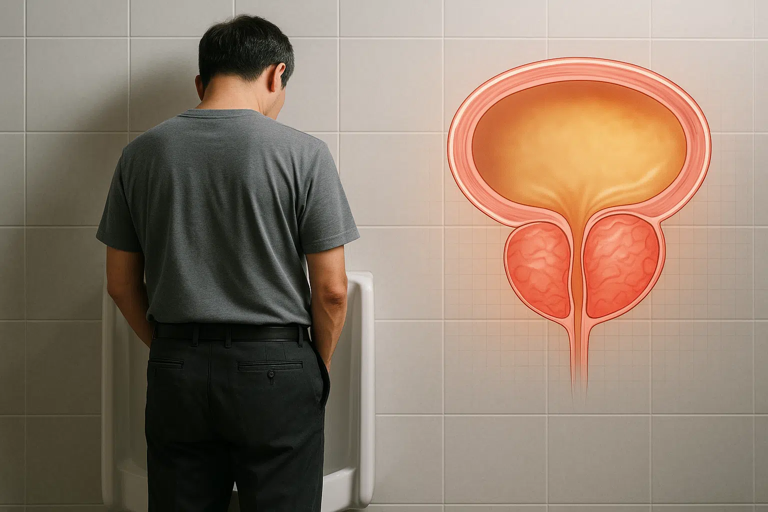 화장실에서 소변을 보는 중년 남성의 뒷모습, 소변 줄기가 약하고 흐트러진 모습 표현, 옆에 전립선 비대가 요도를 압박하는 해부학 일러스트