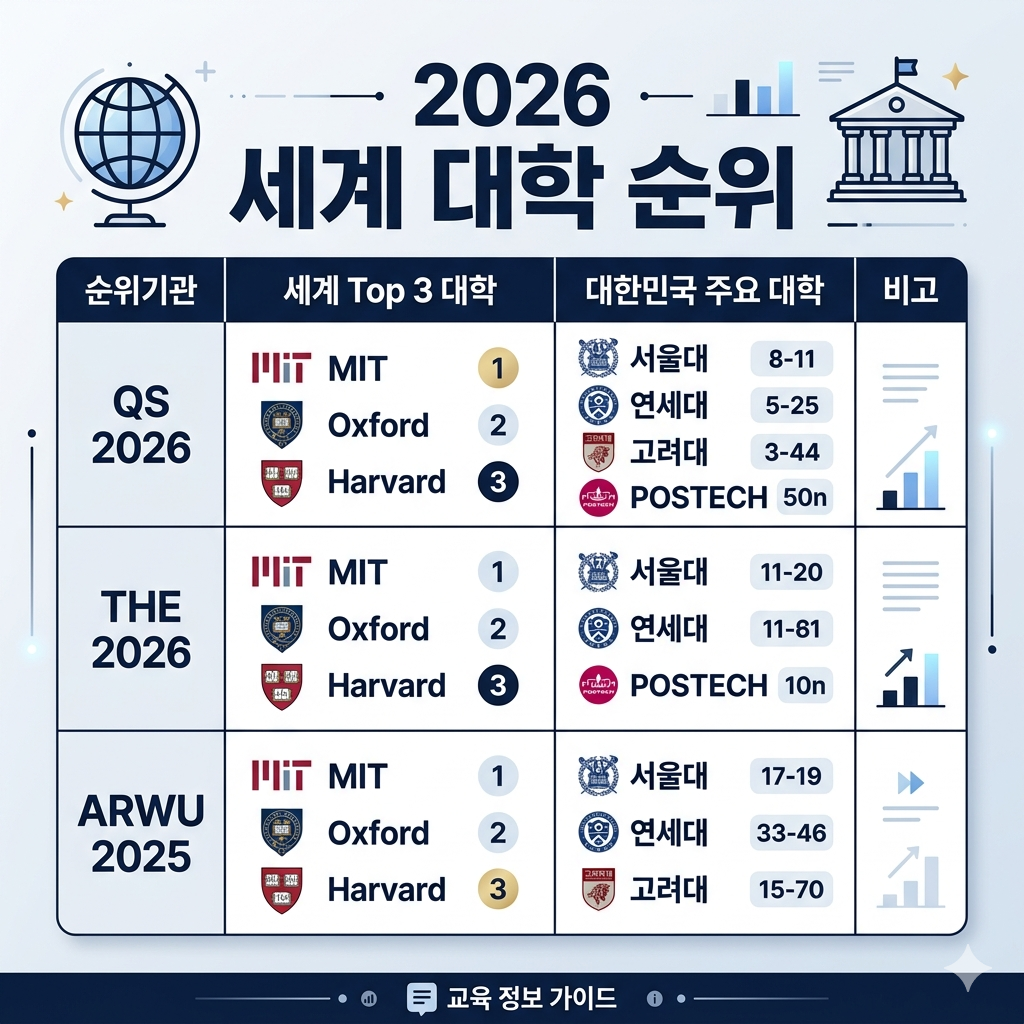 2026 세계 대학 순위|QS·THE·ARWU 최신 비교와 한국 대학 위치 인포그래픽