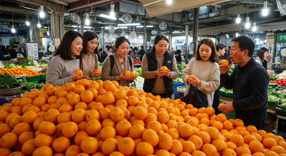 제주 전통 시장에서 귤을 고르는 한국인 관광객
