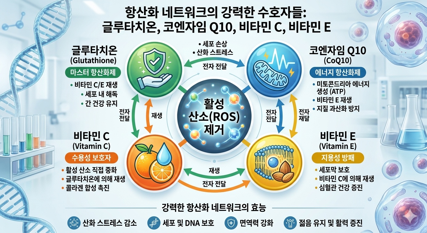 항산화 네트워크 — 글루타치온 코엔자임Q10 비타민C E 상호 재생 메커니즘