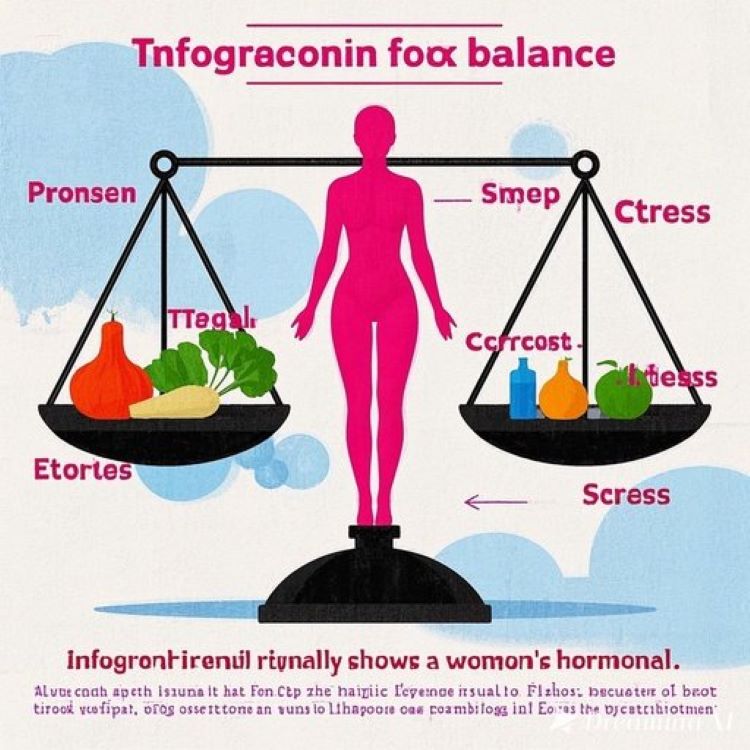 여성의 호르몬 균형을 시각적으로 보여주는 인포그래픽. 중앙에 건강한 여성 실루엣이 있고, 주변에 에스트로겐, 프로게스테론, 코티솔 등 주요 호르몬들이 균형잡힌 시소나 저울 형태로 배치되어 있습니다. 한쪽에는 독소와 스트레스 요인들(가공식품, 화학물질, 스트레스)이, 다른 쪽에는 해독 요소들(채소, 운동, 수면, 명상)이 대비되어 표현된 깔끔하고 전문적인 의료 스타일 일러스트레이션