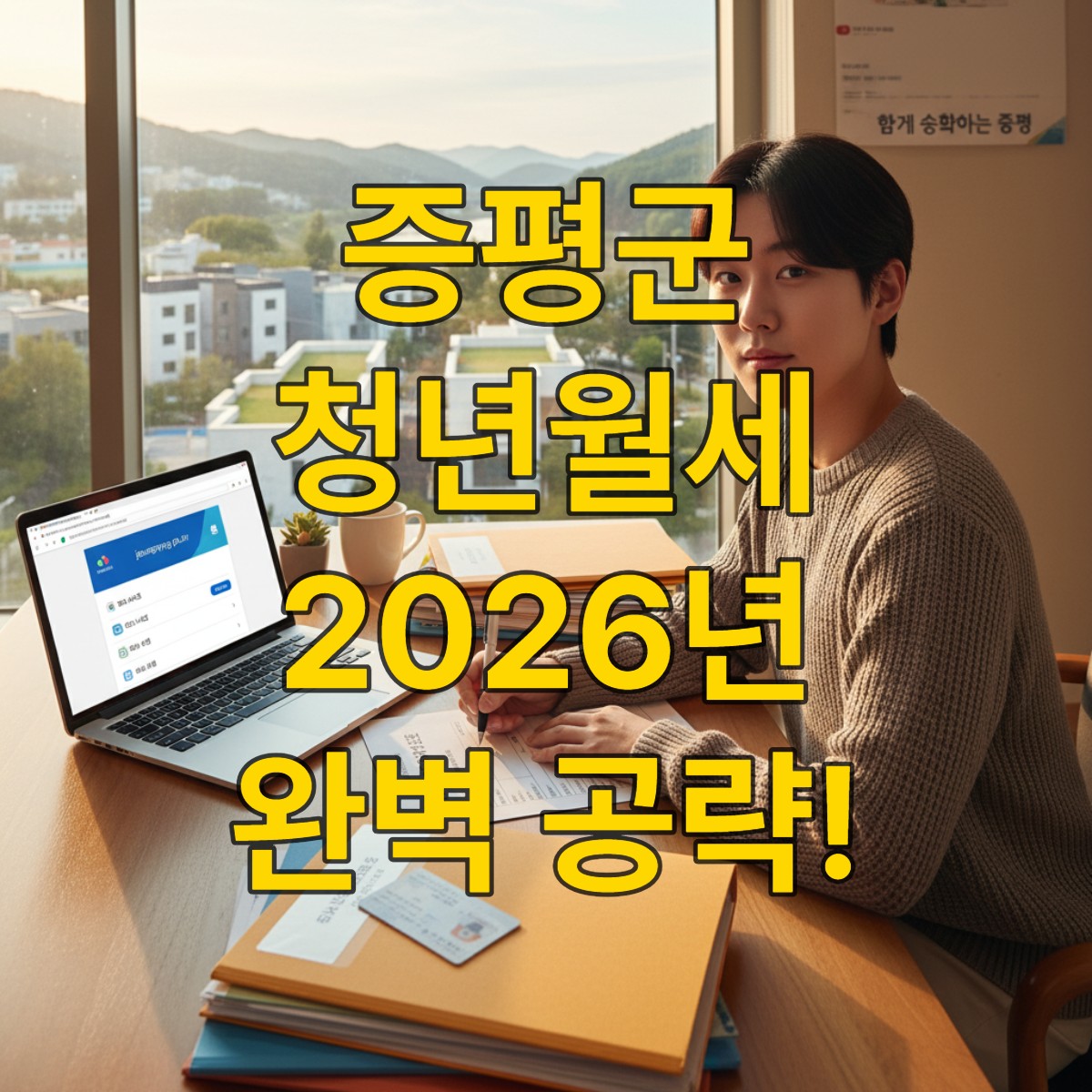 증평군 청년월세 지원 신청 서류를 정리하며 희망찬 표정으로 미래를 준비하는 청년의 모습.