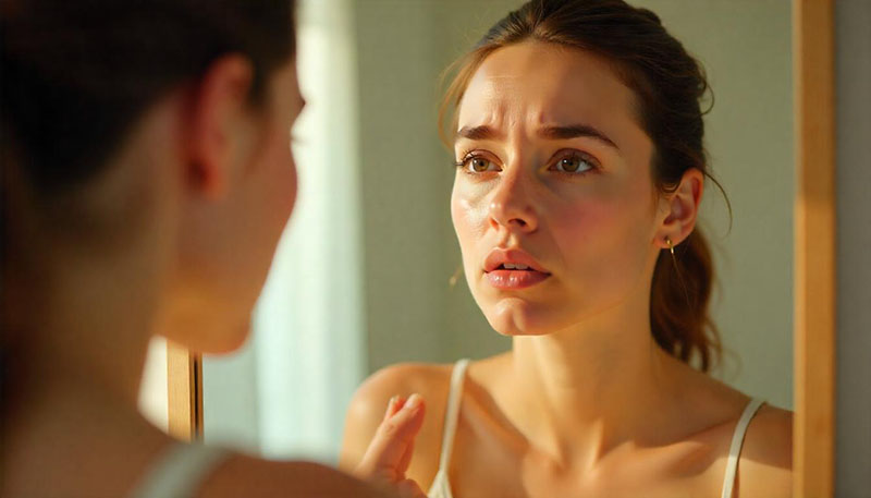 자외선이 강한 여름 여성이 거울을 보며 잡티 고민을 하고 있는 이미지.