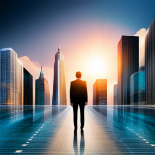 빌딩속 주식 투자자가 해를 보고 고민하는 모습