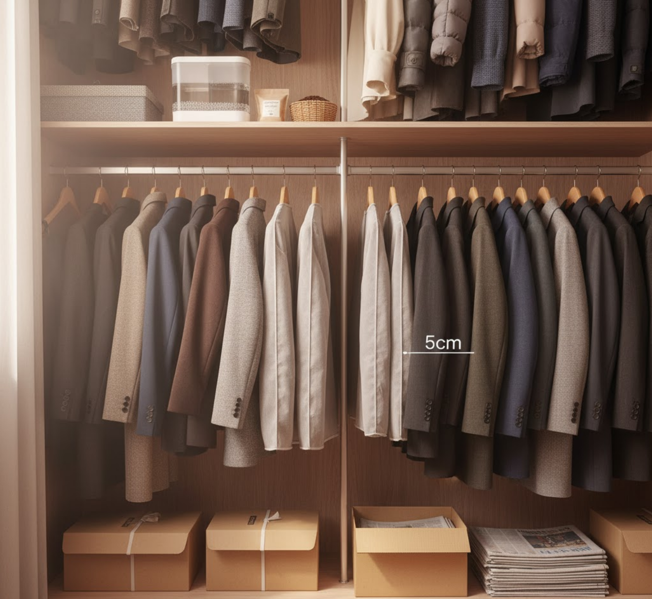 잘 정리된 옷장. 겨울옷의 간격은 5cm가 적당