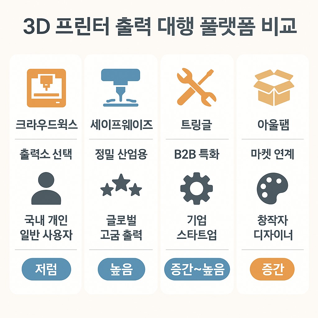 3D 프린터 출력 대행 플랫폼 4종 비교표 시각 요약