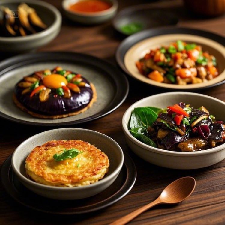 한국식 식탁 위에 놓인 다양한 가지요리들 - 보랏빛 가지나물, 노릇한 가지전, 매콤한 가지볶음이 한 상에 차려진 모습, 따뜻한 조명, 음식 사진, 한식 스타일