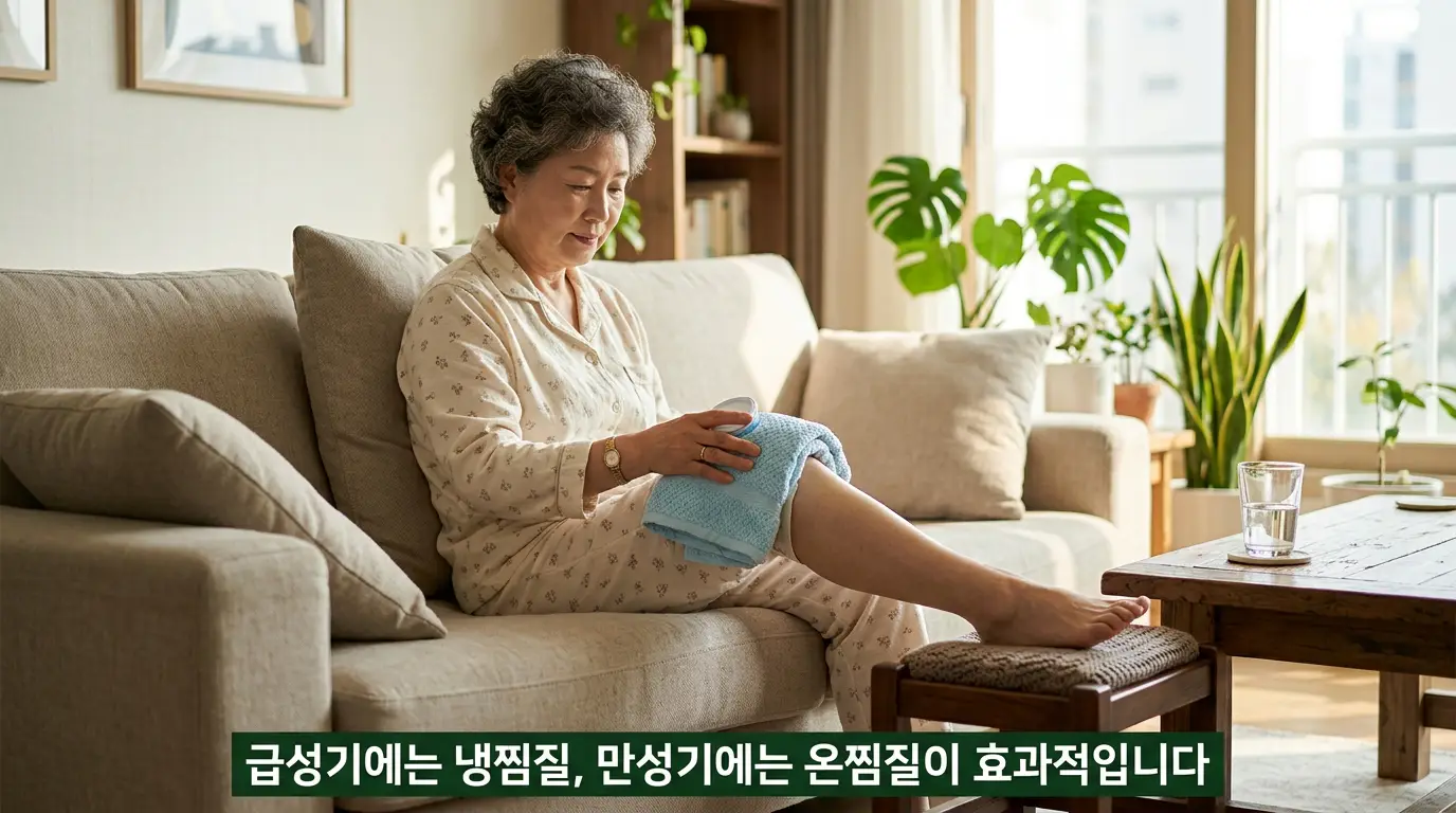 무릎 안쪽 통증 집에서 관리 냉찜질 안정 보호대 자가 스트레칭