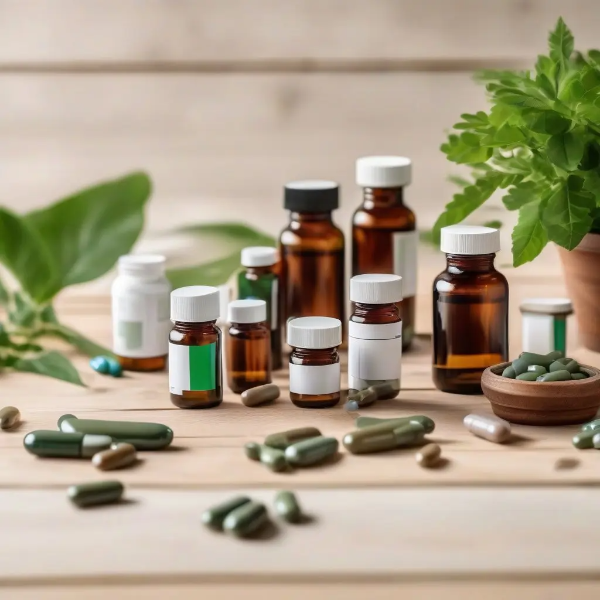 3. 다양한 간 건강 보조제가 정리된 나무 테이블 위, 작은 초록 식물과 함께 연출된 밝은 자연광 스튜디오 사진