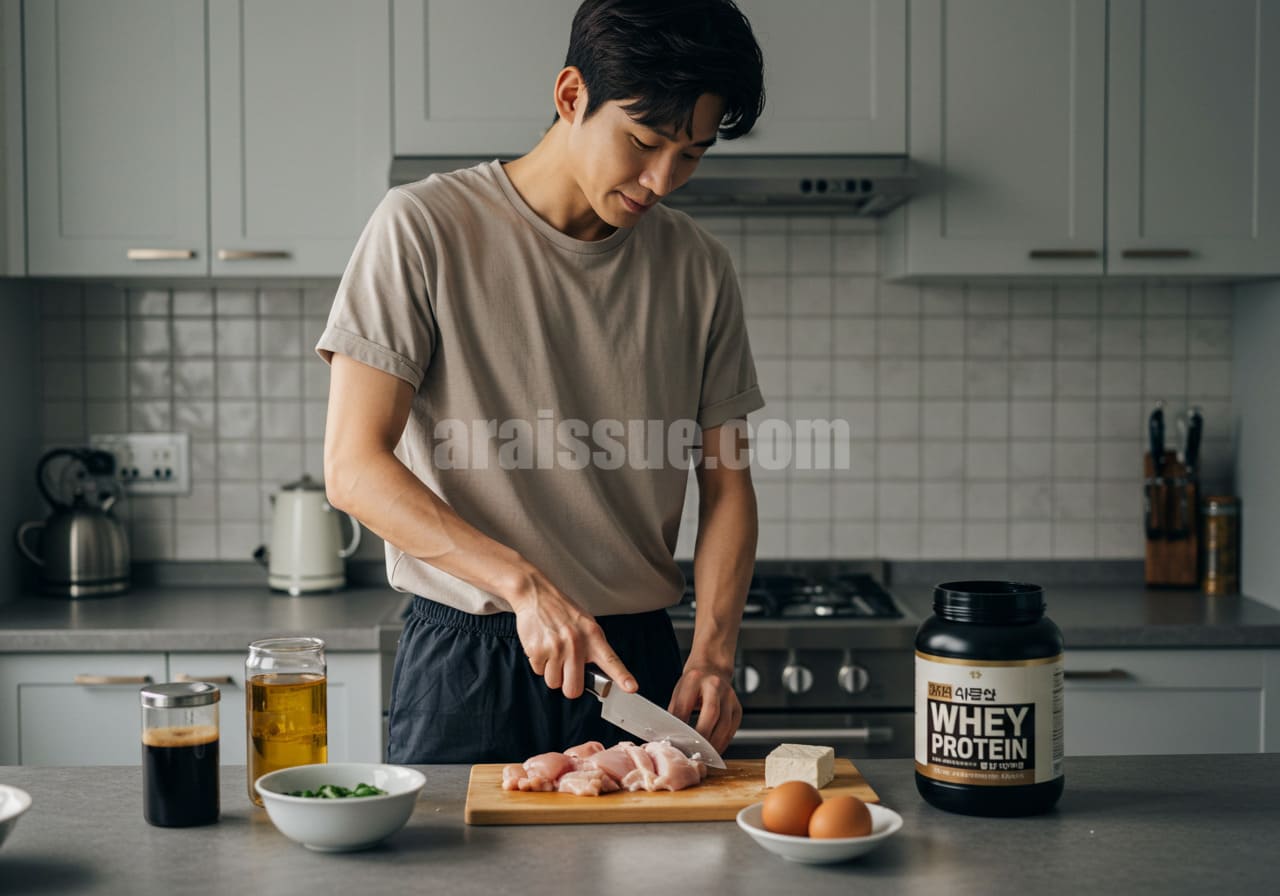 마른 체형의 한국 남성이 닭가슴살, 두부, 계란, 유청단백질로 근육을 위한 식사 준비