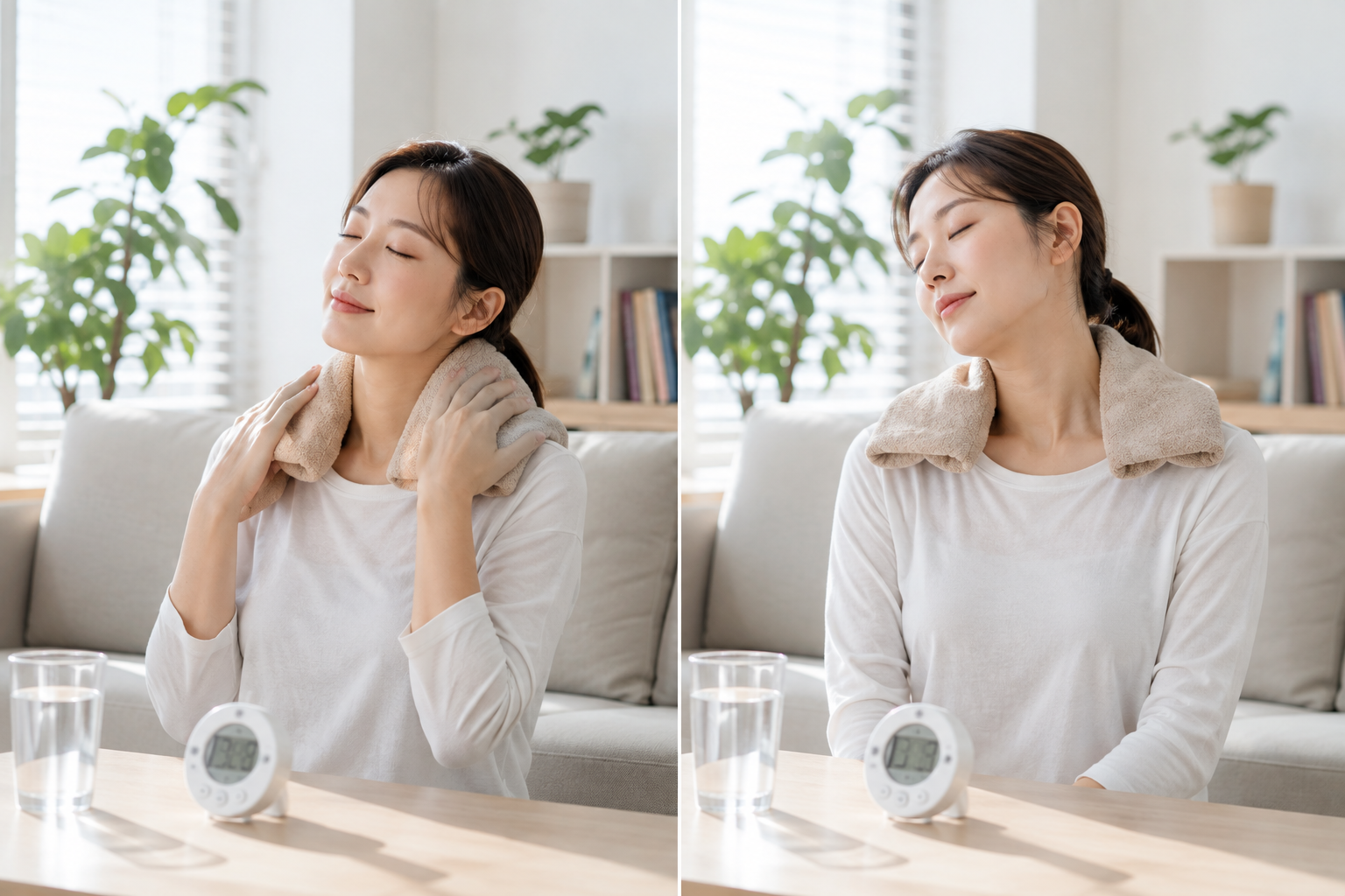 따뜻한 찜질과 부드러운 목 움직임으로 뻐근함을 관리하는 여성