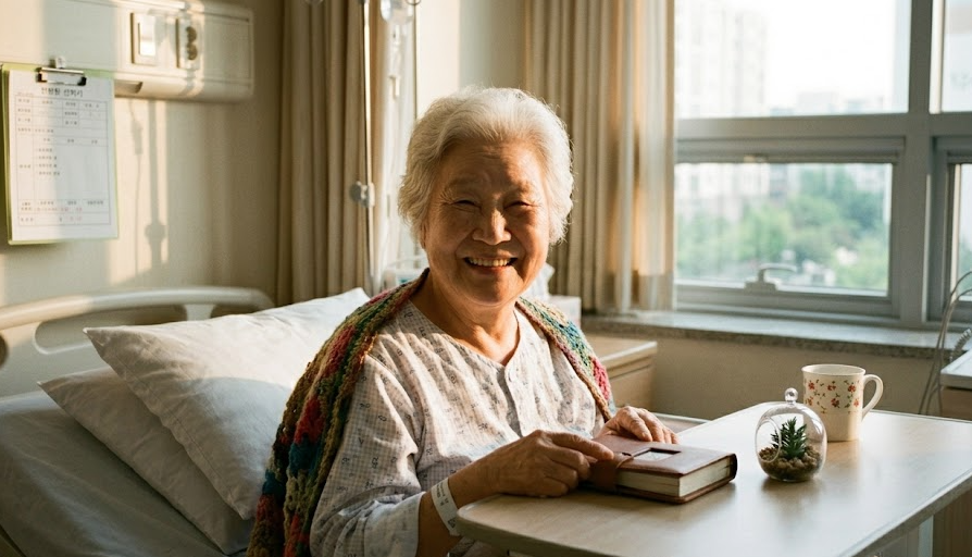 요양원에서 환하게 웃고 계신 어머니