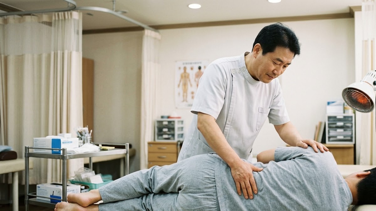 옆으로 누운 환자의 골반과 허리를 교정하는 추나 치료 장면