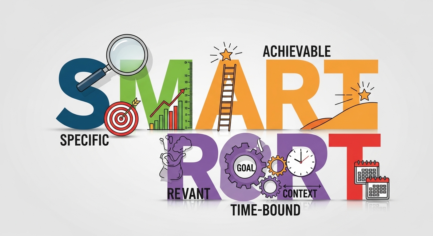 SMART 원칙의 각 요소를 시각적으로 표현한 인포그래픽 이미지.