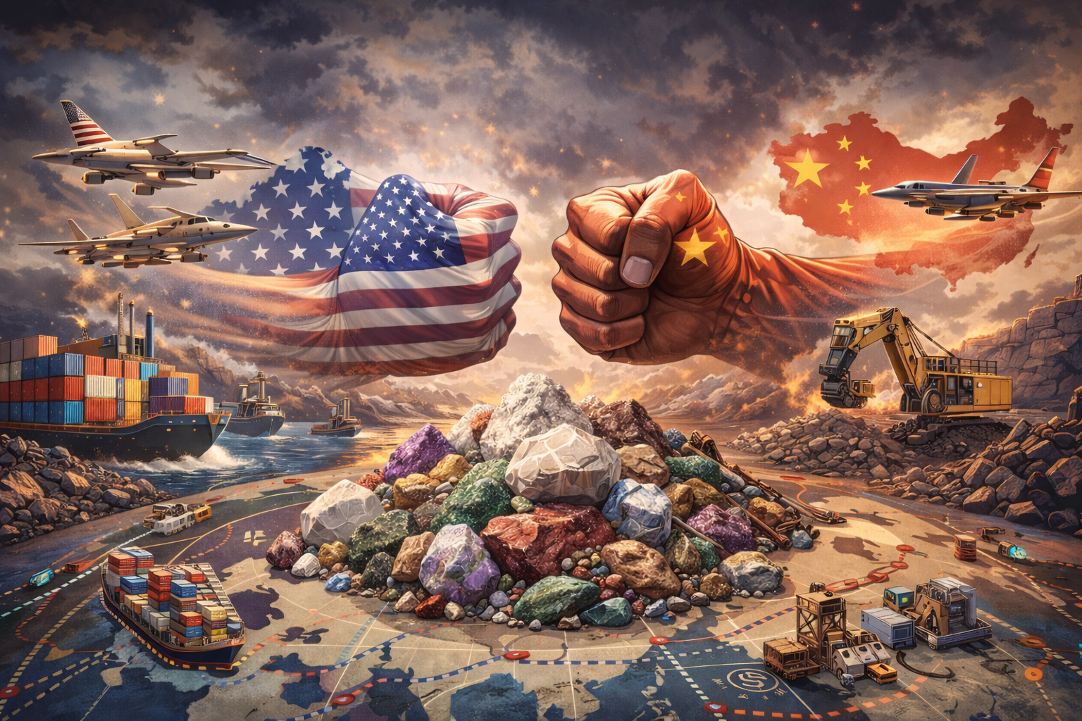 Global illustration of rare earth minerals piled on a world map with cargo ships, mining equipment, and symbolic U.S.&ndash;China geopolitical tension over resource supply chains.