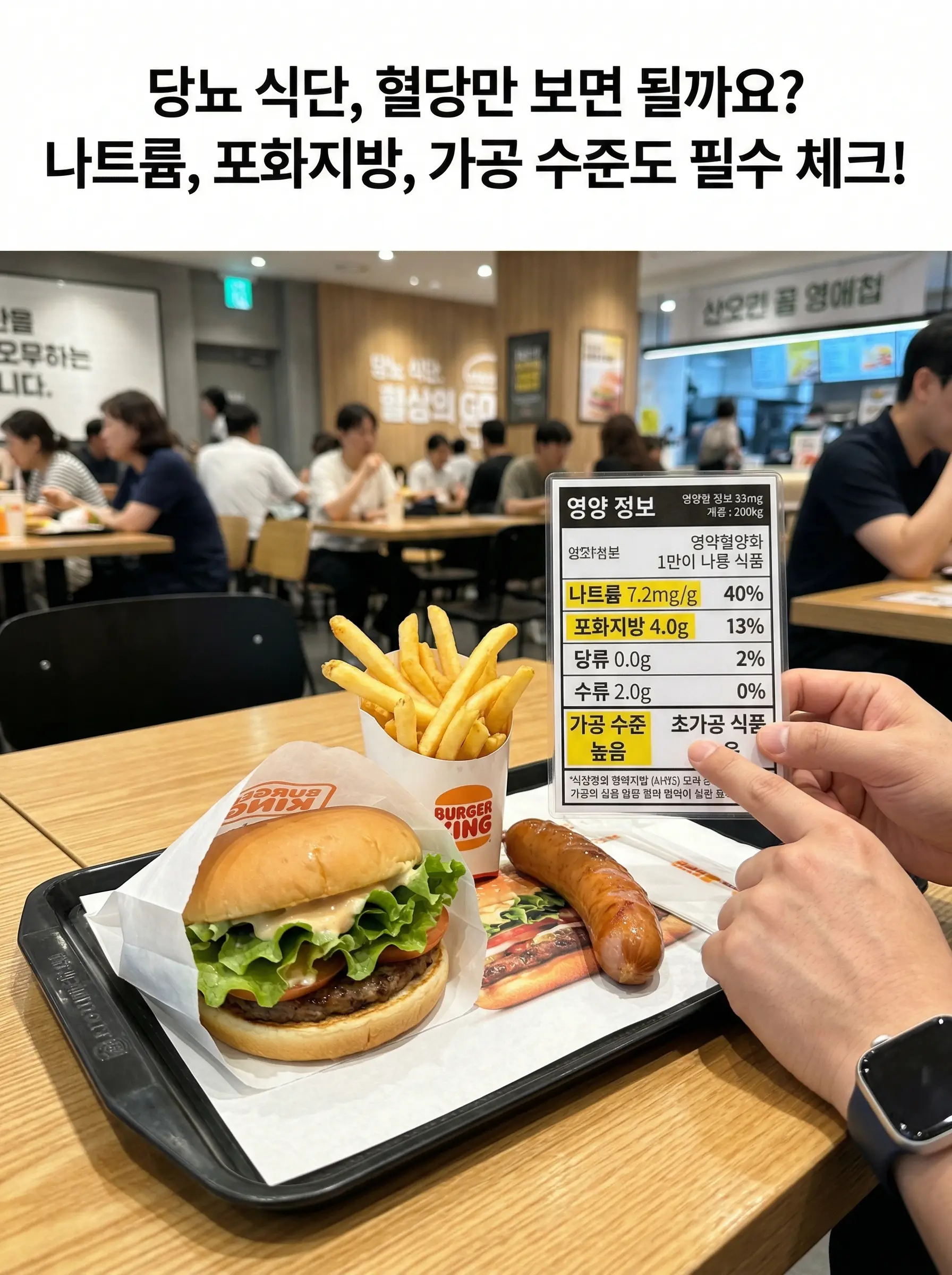 햄버거와 감자튀김, 소시지 옆에 영양성분표가 놓인 장면