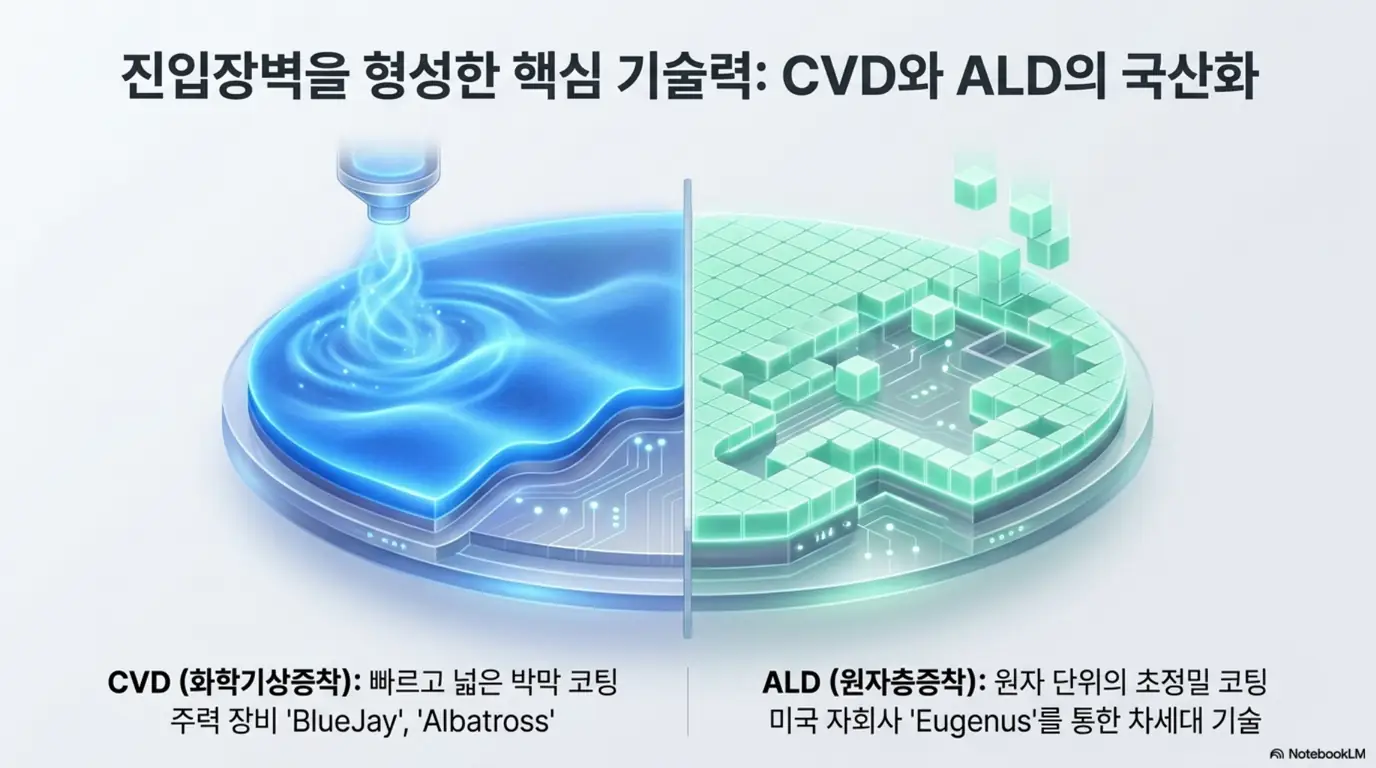 유진테크의 핵심 기술인 CVD(화학기상증착)와 ALD(원자층증착)를 좌우로 비교한 이미지. 주력 장비 블루제이와 알바트로스, 미국 자회사 유제너스를 통한 차세대 기술을 설명하며, 블로그의 유진테크 사업 구조와 전공정 장비 국산화 분석과 관련된 내용을 설명함