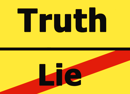 영문자로 진실과 거짓 단어가 쓰인 노란 팻말이 있다. 그리고 거짓이란 단어에는 빨간색 줄이 사선으로 그어져 있다.