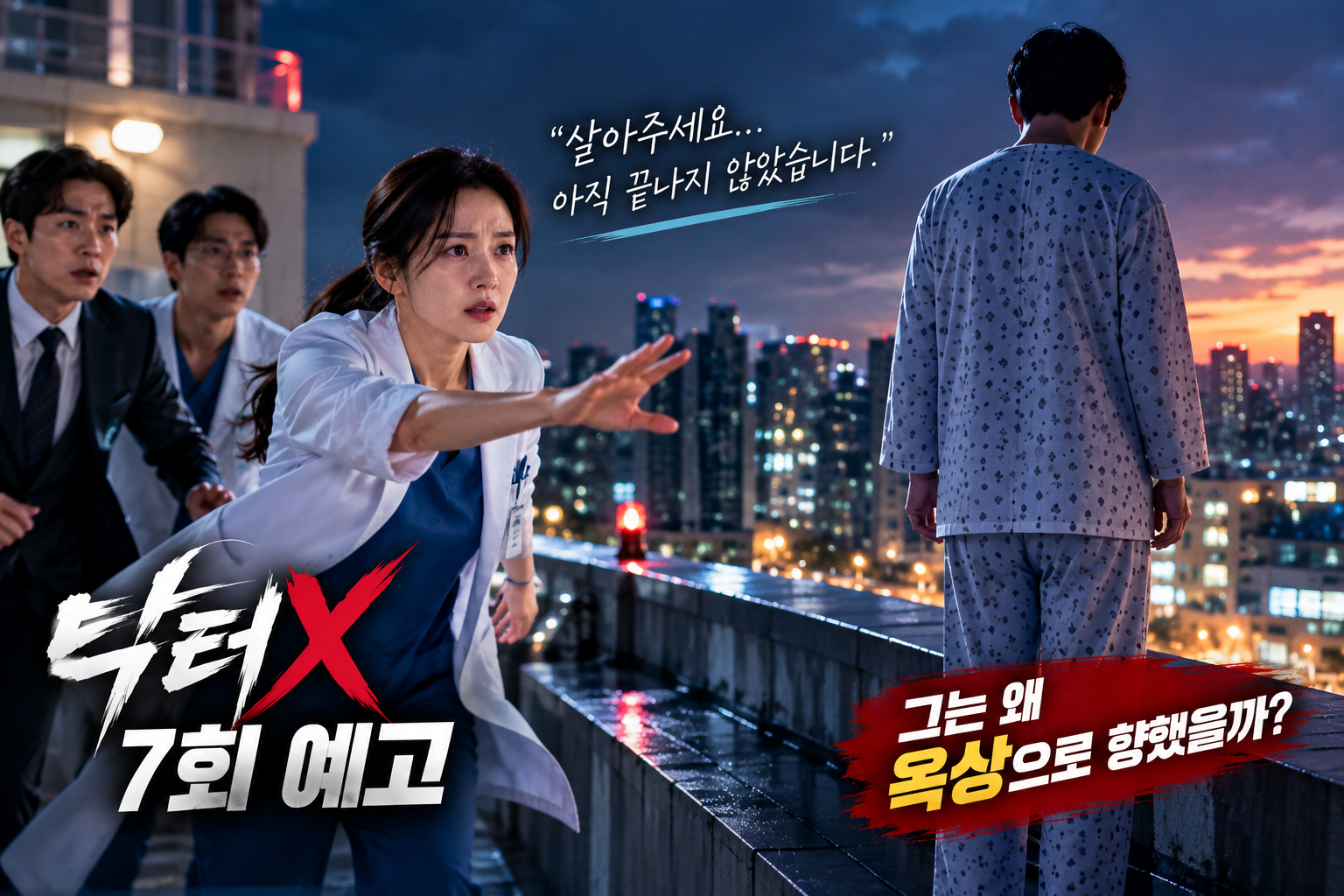 닥터X 7회 예고, 병원 옥상에 선 오상범을 구하기 위해 달려가는 김지원 계수정과 의료진의 긴박한 상황을 표현한 이미지