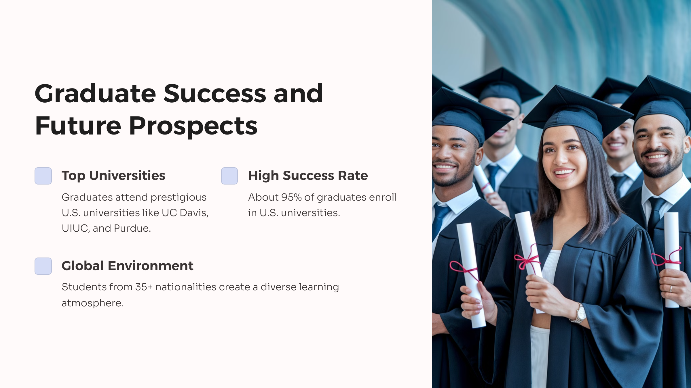 &ldquo;한국켄트외국인학교(KKFS) 졸업생의 성공 사례와 대학 진학 정보. 주요 미국 대학과 졸업생의 높은 성공률을 보여주는 이미지.&rdquo;