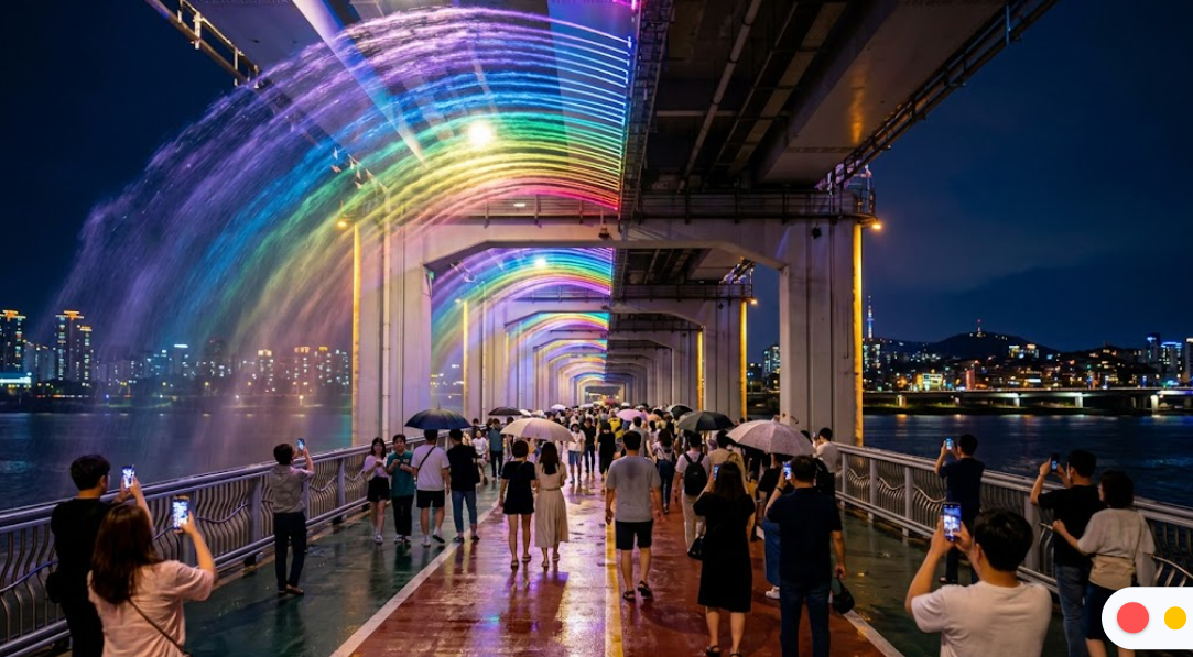 밤이 된 잠수교에서 무지개 분수쇼를 배경으로 야경 투어