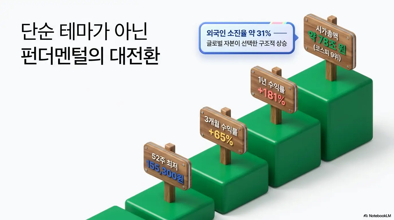 삼성물산 주가의 단순 테마가 아닌 펀더멘털 대전환을 보여주는 인포그래픽. 52주 최저 155,300원, 3개월 수익률 65%, 1년 수익률 181%, 시가총액 약 78조 원(코스피 9위)을 계단형 표지판으로 나타내고, 외국인 소진율 약 31%가 글로벌 자본이 선택한 구조적 상승임을 강조하며, 블로그의 삼성물산 주가 전망 주제를 시각적으로 설명함