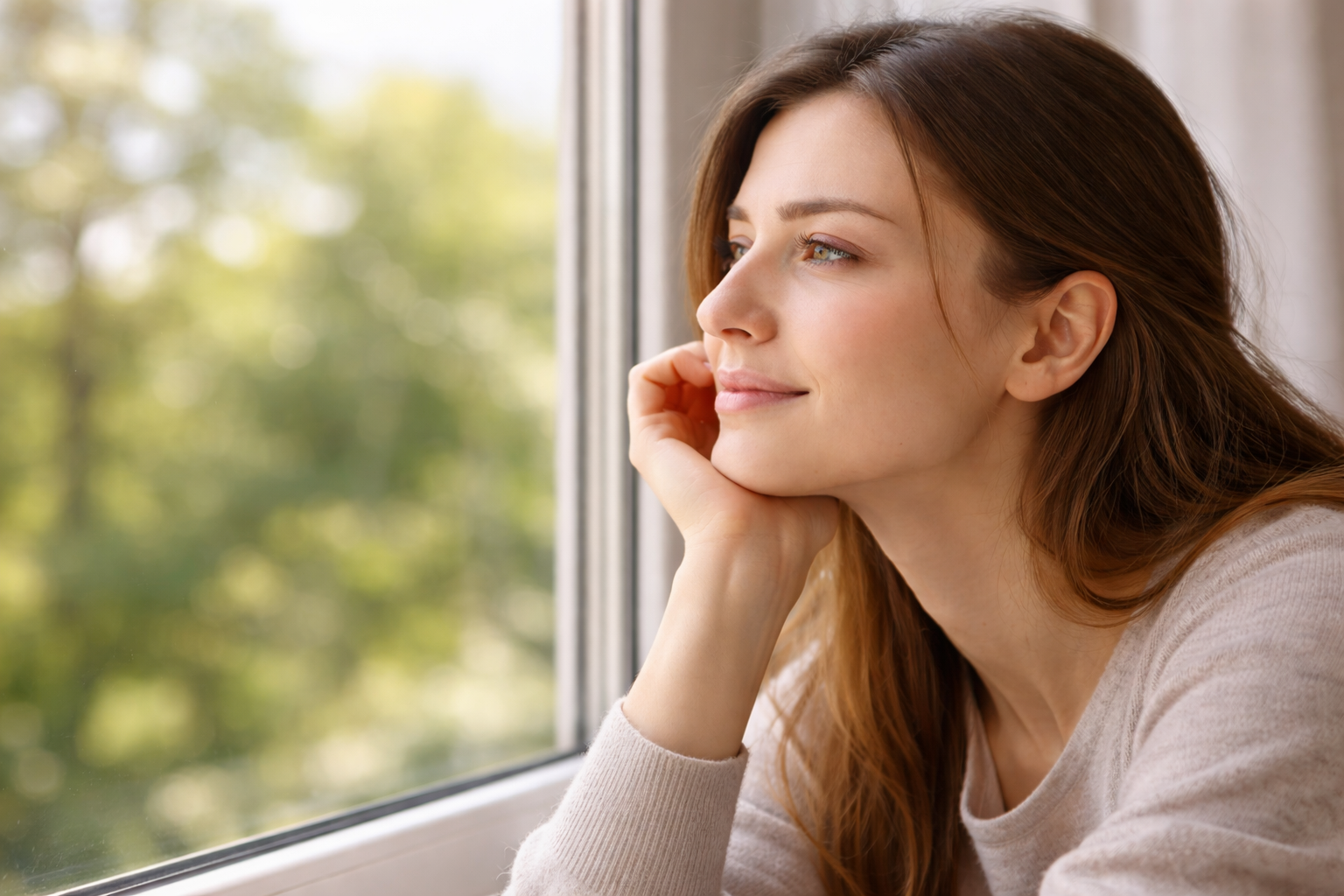 눈의 피로를 풀기 위해 창밖 먼 풍경을 바라보는 모습