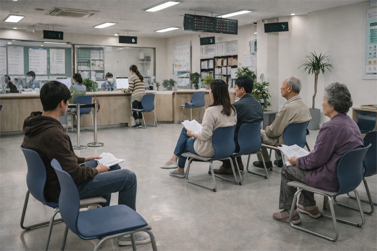 행정복지센터 대기 공간에서 순서를 기다리는 주민들의 실내 전경 