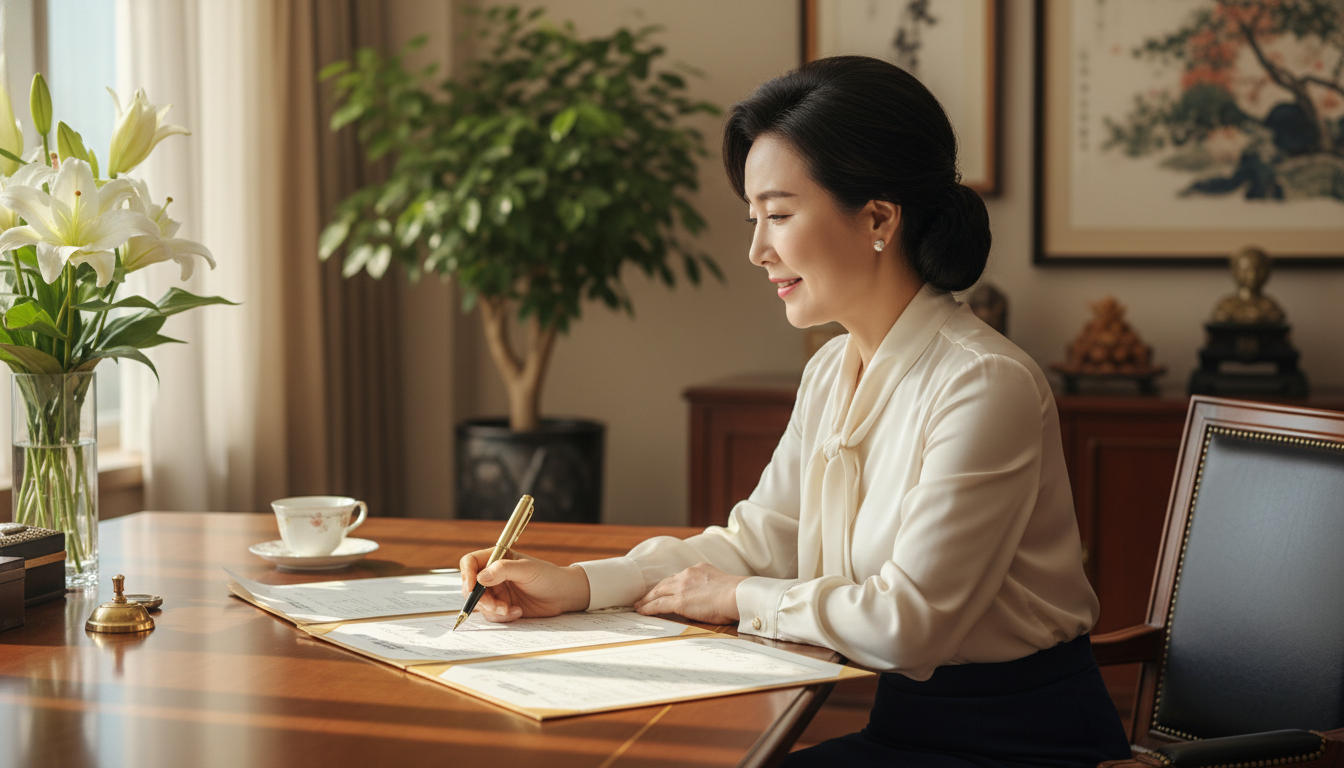 햇살이 비치는 나무 책상에 앉아 우아하게 차려입은 50대 후반 한국 여성의 어깨 너머 시점(Over-the-shoulder shot). 고급 만년필을 들고 공식 부동산 감정평가 문서를 꼼꼼히 검토하고 있음. 창문에서 들어오는 부드러운 자연광, 에디토리얼 스타일, 권위와 철저한 계획을 표현. (카메라를 향한 화면 없음)