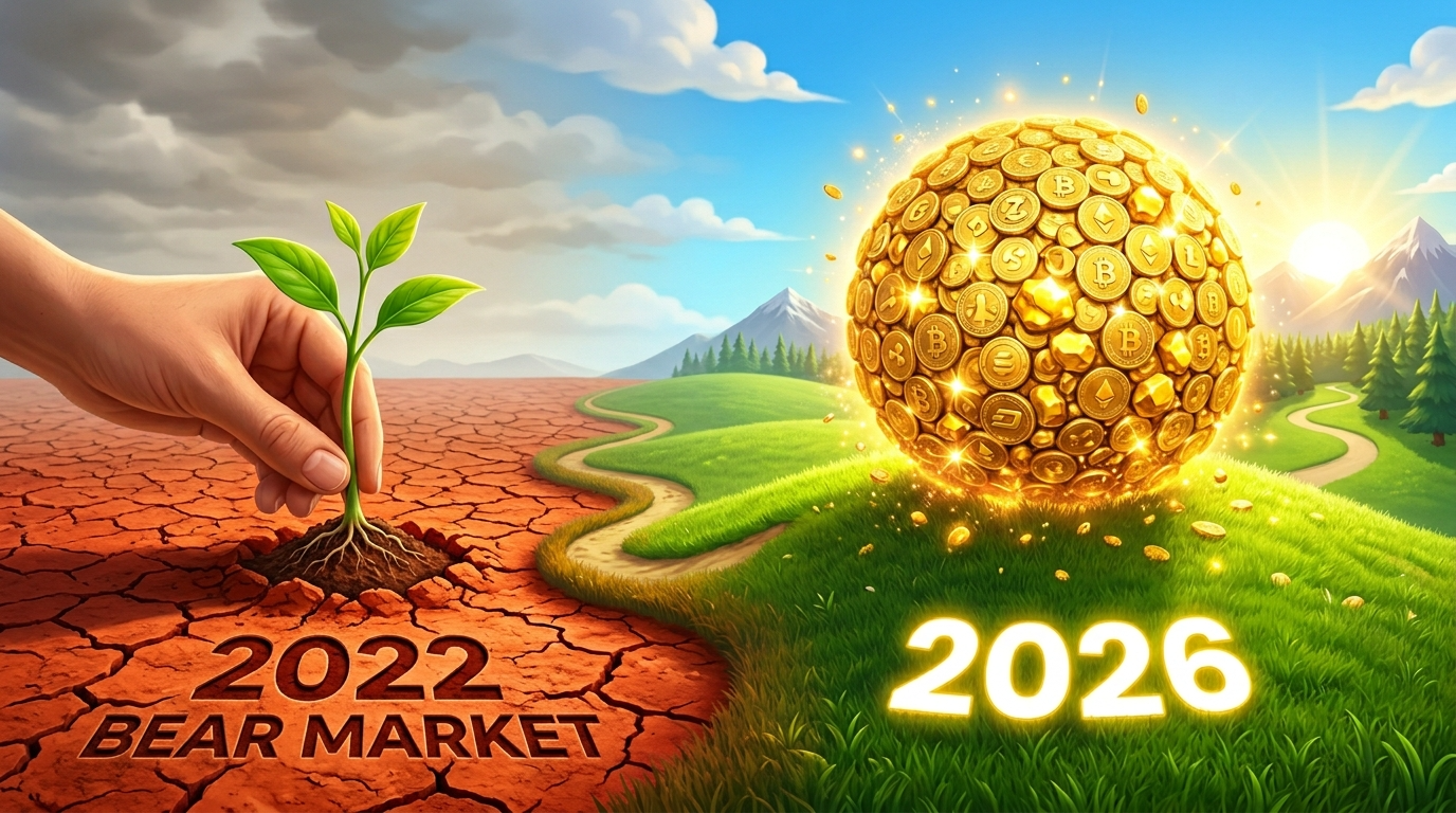 2022년 하락장에서 주식을 담는 손과 2026년 거대해진 금화 눈덩이의 대비 그래픽