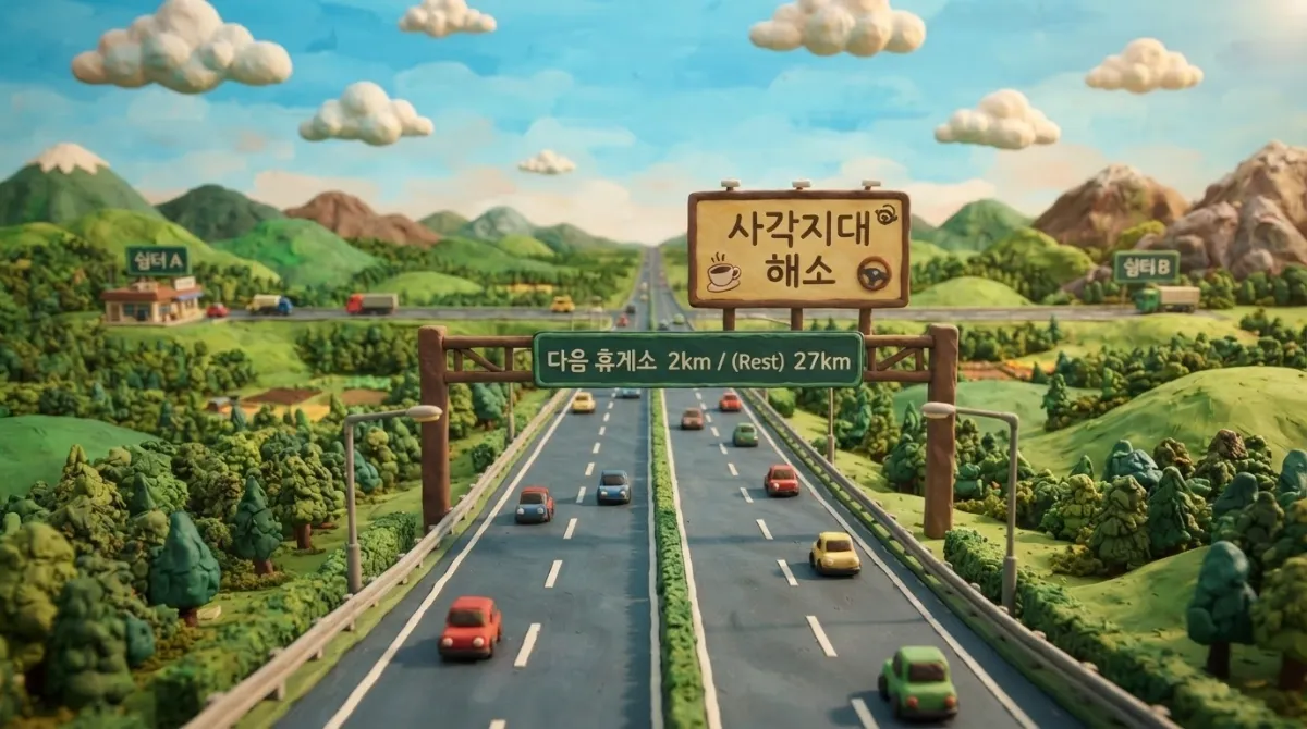 휴게소 사이 25km 사각지대를 해소하기 위해 설치된 졸음쉼터를 claymation 스타일의 입체 도로 모형으로 시각화한 본문 인포그래픽