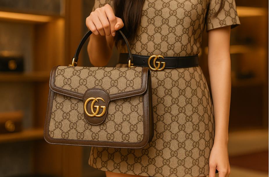 GG 로고가 들어간 벨트&middot;드레스를 착용하고, 가방을 든 여성
