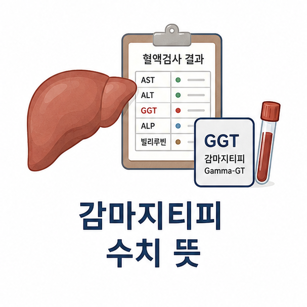 간 아이콘과 혈액검사표, GGT 검사 카드로 표현한 감마지티피 수치 뜻