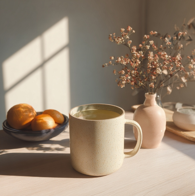 식탁위 큰컵에 담긴 유자차