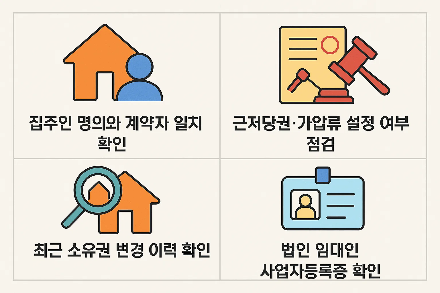 집주인 명의 확인, 근저당권&middot;가압류 설정 여부 점검, 소유권 변경 이력 및 법인 임대인 등록 여부 등 계약 전 반드시 확인해야 할 핵심 체크리스트를 시각화한 인포그래픽.