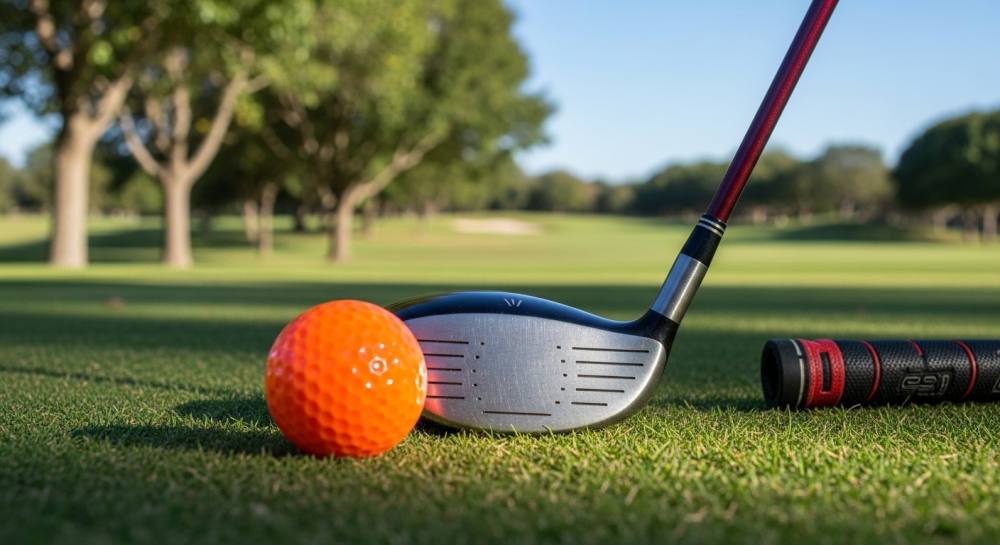 필드에 골프채와 골드공 올라와있는 사진