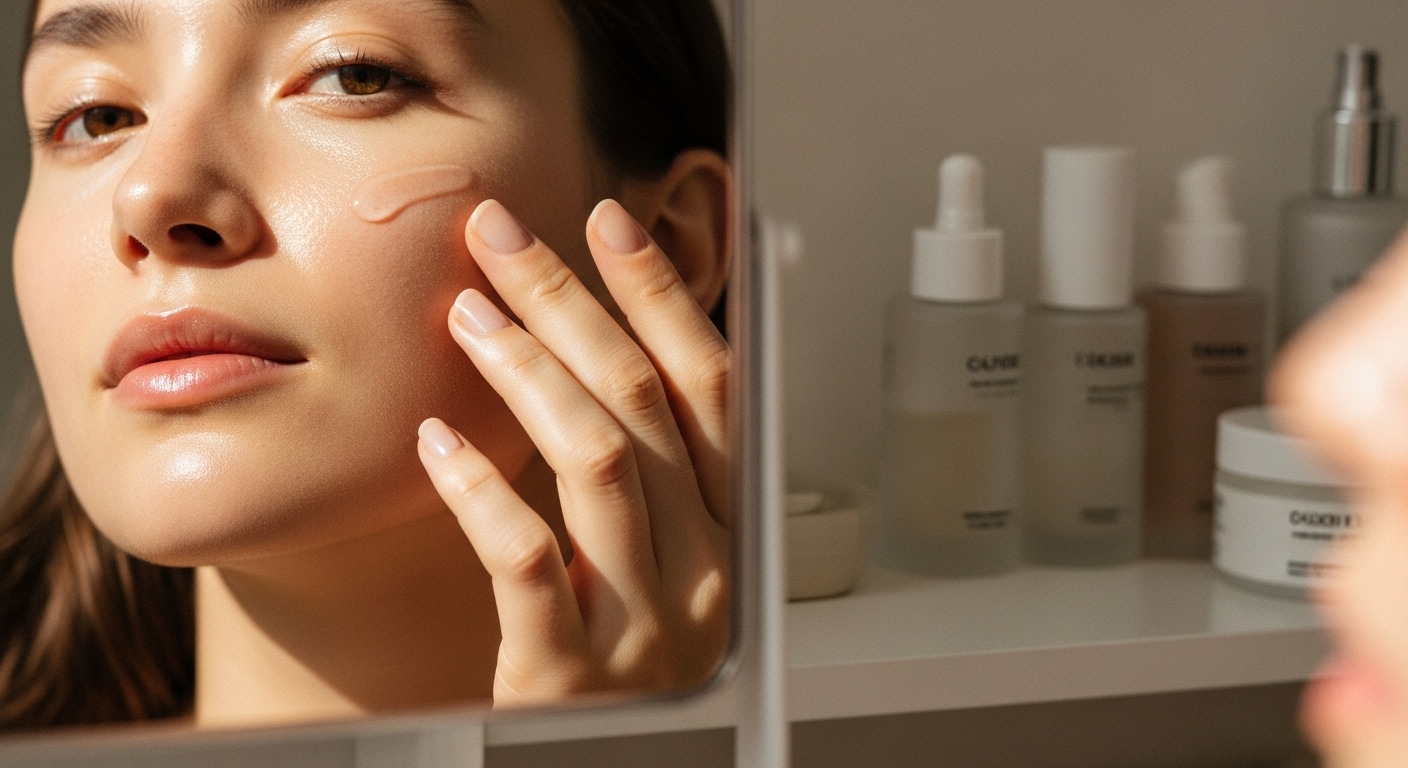 거울을 보며 피부 관리 제품을 부드럽게 바르는 사람의 얼굴 클로즈업. 건강하고 빛나는 피부가 돋보임.