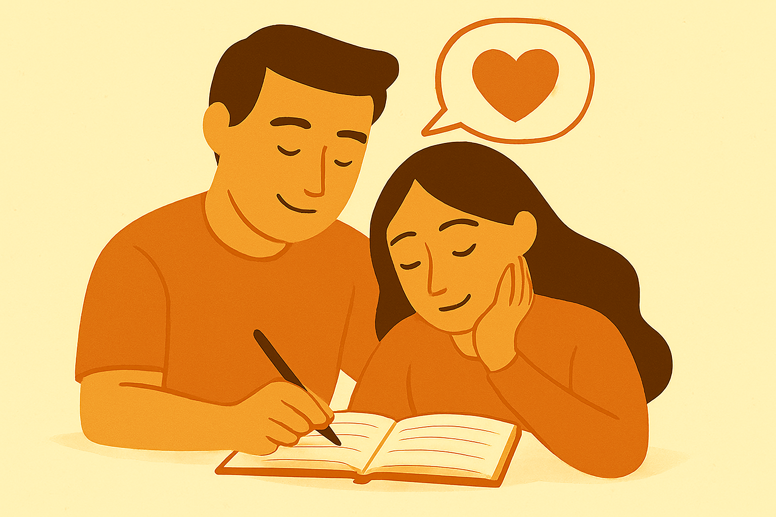 부부가 함께 감정을 기록하며 일기를 쓰는 따뜻한 순간