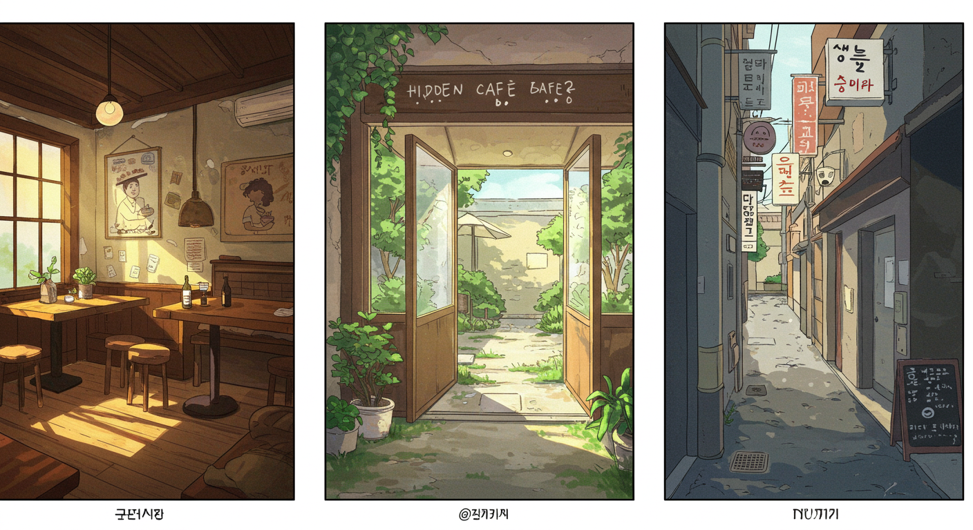 부산의 감성적이고 조용한 숨은 카페 세 곳을 표현한 따뜻한 일러스트
